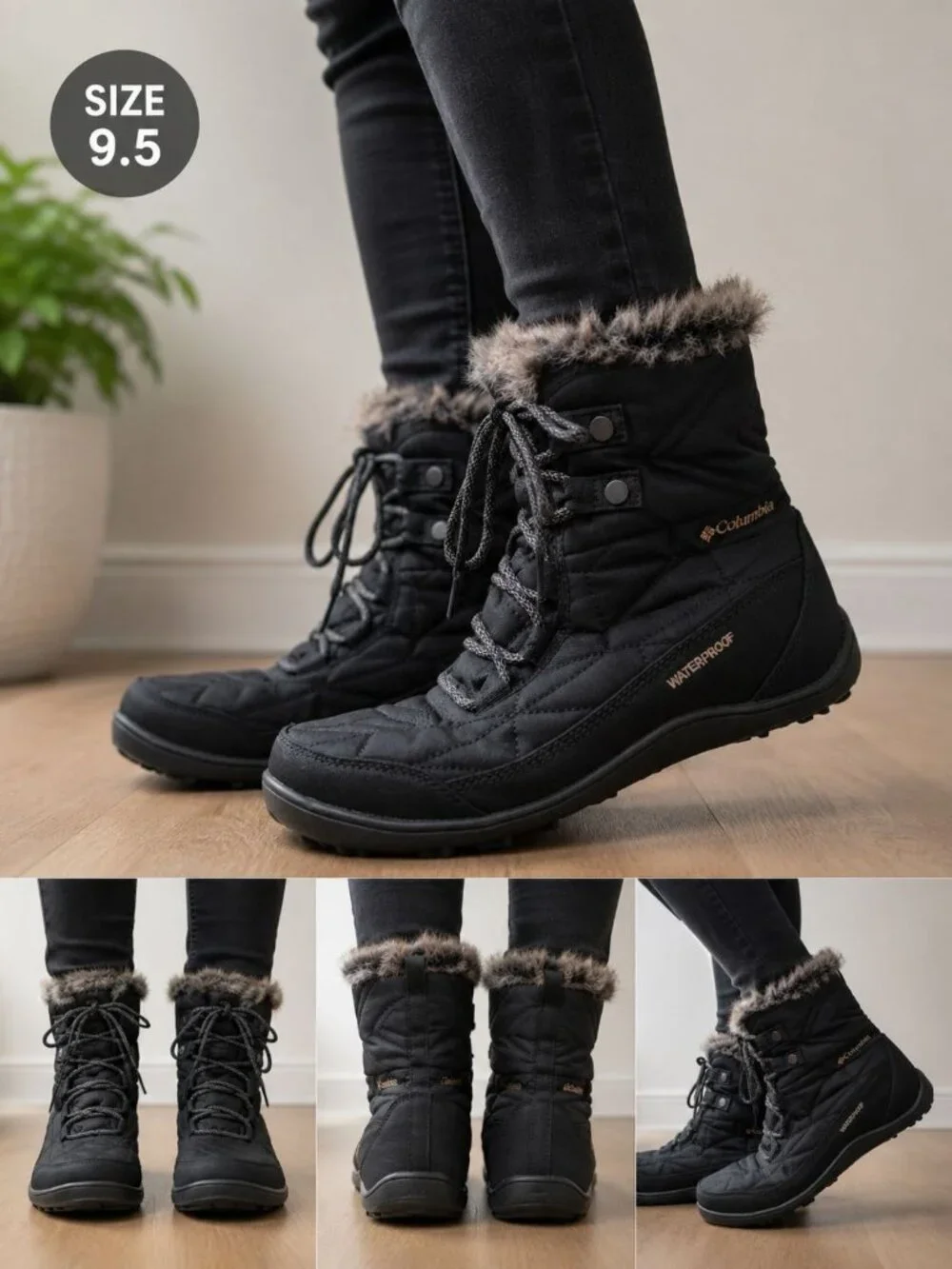 Columbia Women's Minx Shorty boots,  a black quilted design Faux Fur Trim Sz 9.5